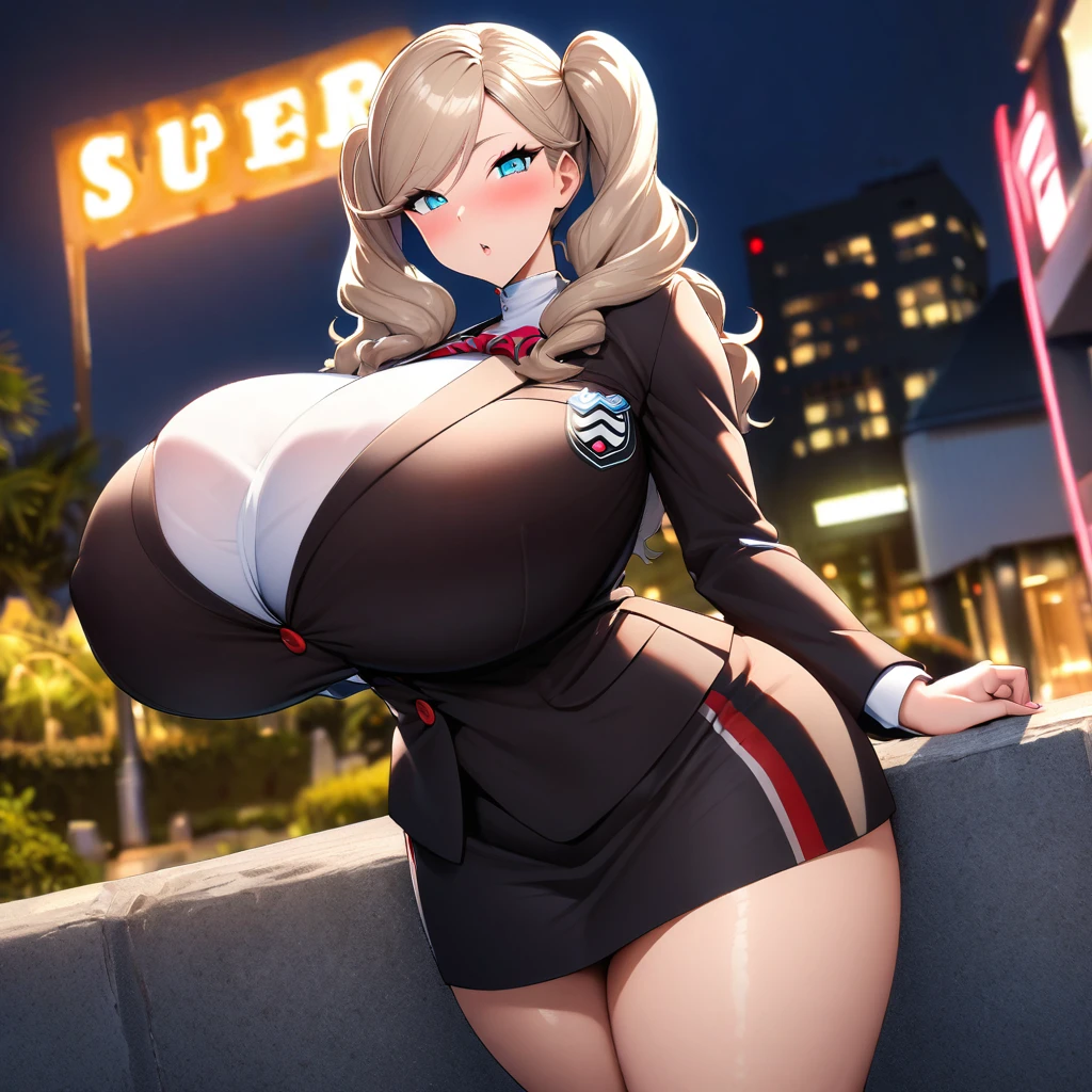 takamaki an,1girl,solo,Females in heat,blush,Shuujin academy uniforms,Super huge breasts,looking at viewer,near,gigantic huge breasts,looking at viewer,standing up,out door's,night,hotel background