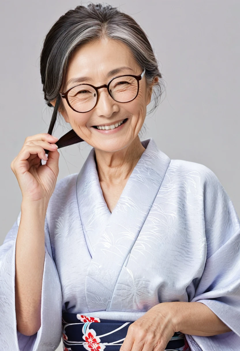 elder,Japanese,Wrinkle,smile,Plain Kimono,Thinning hair,Break,Glasses