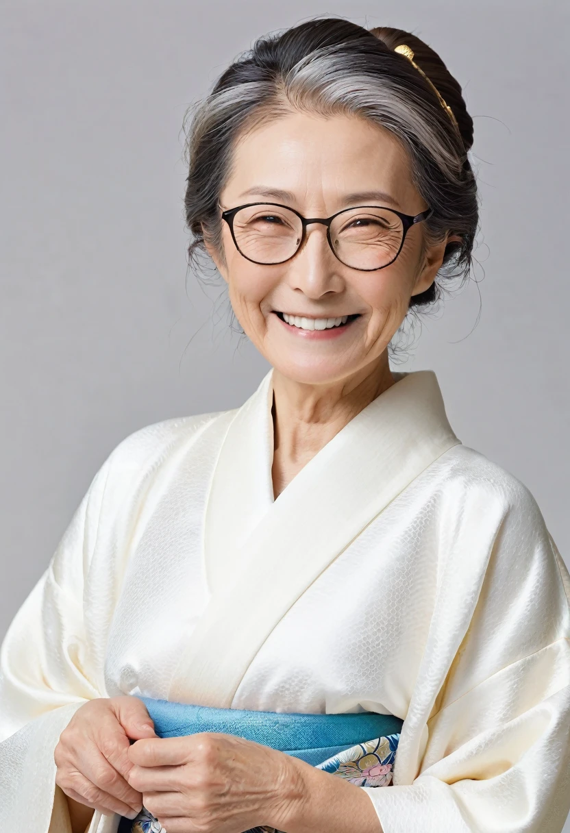 elder,Japanese,Wrinkle,smile,Plain Kimono,Thinning hair,Break,Glasses