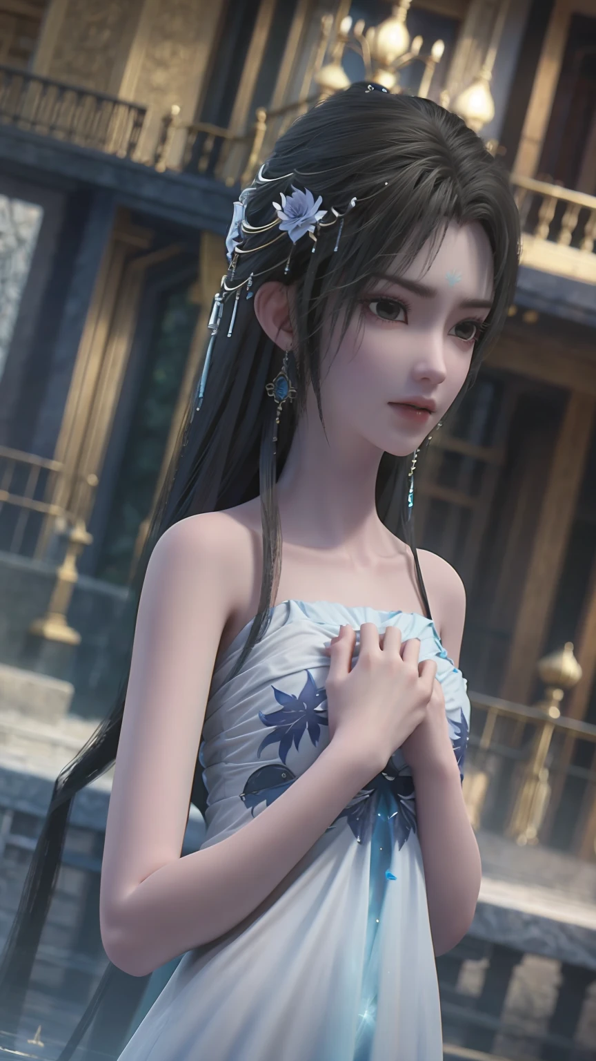 A girl bathing in water，Showering above the shoulders while bathing in water，Wearing a tulle silk dress，Hold your hands to your chest，Cover your chest with your hands，Blue glowing lotus flowers on the water