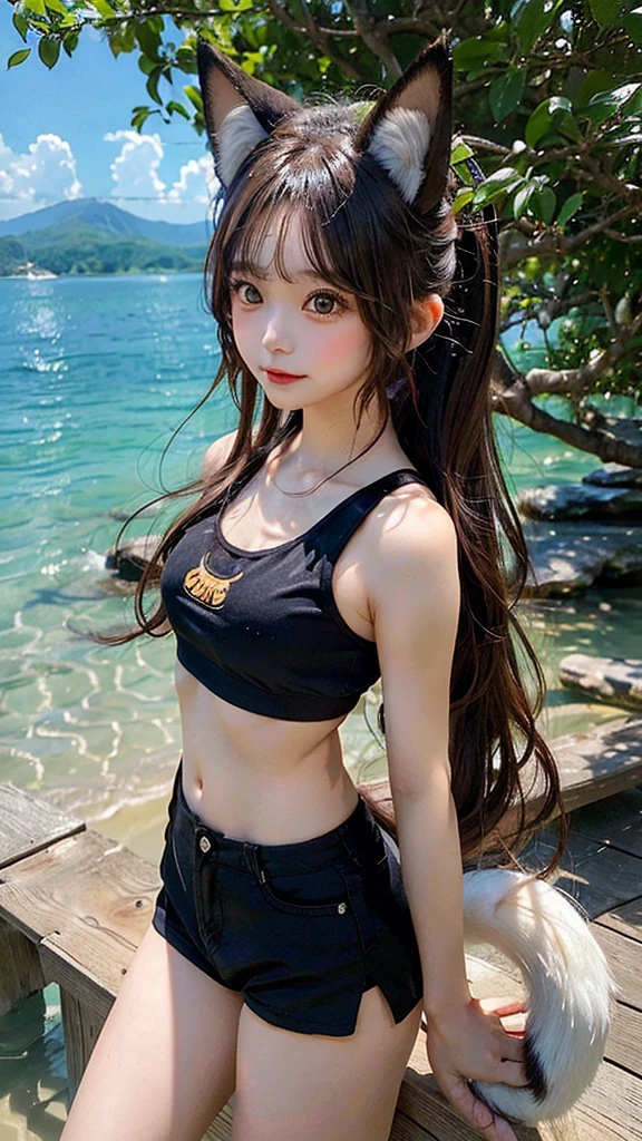 1 girl,
fox girl, fox ears, Fox tail, animal ear fluff, Senko figure stands on an island by the sea,Bonsai, Senko \(Senko-san, the cat who lives in the forest\), Senko-san, small breasts,
wearing jean mini shorts and a sports bra, dynamic pose,
darkness