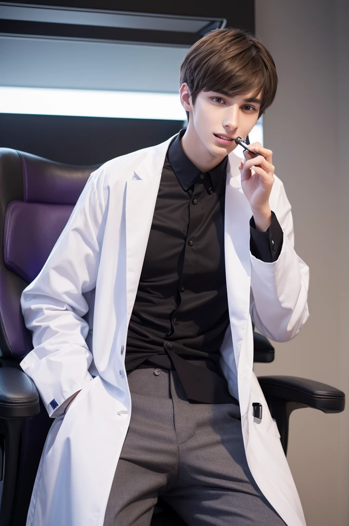 A refreshing young man, a beautiful young man, 20 years old, slender, brown hair, purple eyes, a cyber laboratory, a dark futuristic laboratory, a white lab coat, biting a pen, biting a ballpoint pen with teeth, thinking, body facing right, sitting on the right side, a luxurious black chair, bangs down