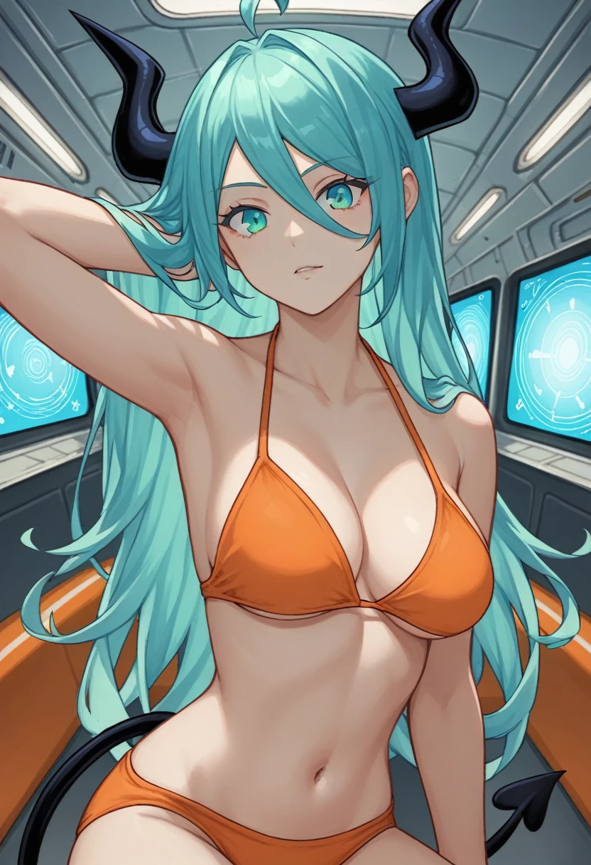 score_9, score_8_up, score_7_up,1 daemon woman, black  horns, black demon tail, (aquamarine hair),aquamarine green color hair,ahoge, long hair, (long hair),bangs, light orange bikini, bikini is orange, bikini orange, orange bikini!, (aquamarine eyes), background is spaceship, aquamarine eyes, 1woman ,facing viewer, daemon girl,  close up,Well-endowed, alone, Spacecraft interior, sexy pose