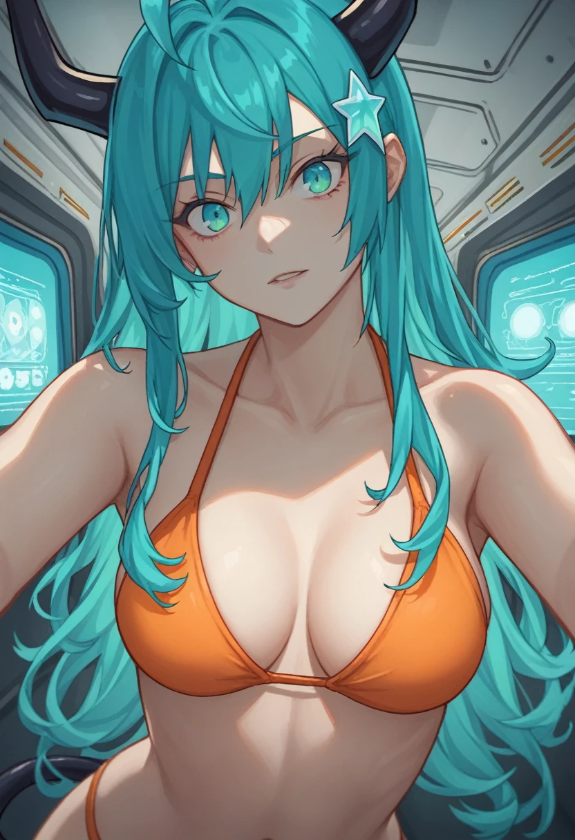 score_9, score_8_up, score_7_up,1 daemon woman, black horns, black demon tail, (aquamarine hair),aquamarine green color hair,ahoge, long hair, (long hair),bangs, light orange bikini, bikini is orange, bikini orange, orange bikini!, (aquamarine eyes), background is spaceship, aquamarine eyes, 1woman ,facing viewer, daemon girl, close up,Well-endowed, alone, Spacecraft interior, y pose