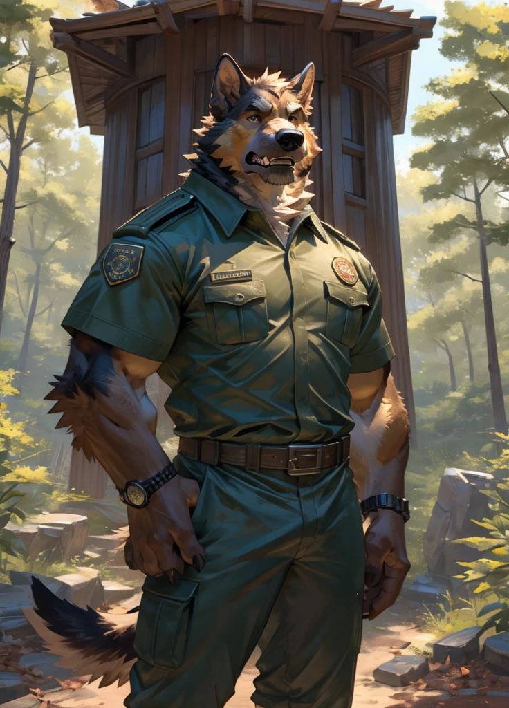 By Taran Fiddler, one man, anthro canine (irish wolfhound), hound dog breed, brown fur, dilf, wrinkly face, bushy eyebrows, wearing park ranger uniform, hands to his hips, stern facial expression, looking at viewer, snarling, grumpy, standing infront of a ranger tower, wooded forest background, national park in the background, watch tower in the background