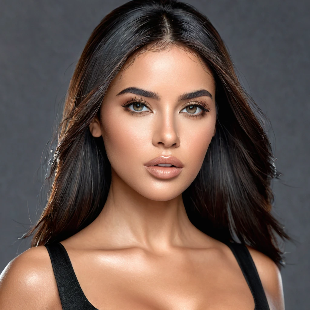 A photoreal close up of a stunning 28-year-old Latina model showcases her oval face, straight black hair, and striking grey eyes. Facing straight to the camera. Her beautiful lips accentuate her wheatish skin with light brown tone highlights. Dressed in a chic black top, the image should be full body shot, 8k hdr, high detailed, and focused on capturing her mesmerizing beauty, soft day lighting.