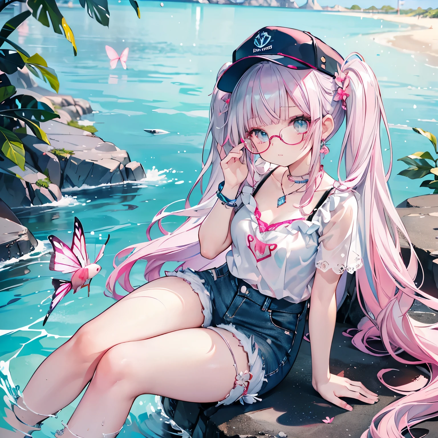 high angle,from above,cleavage,(water splash,lovely laugh),((elegant blue denim baseball cap)),
(wearing elegant pink round frame glasses,circle frame),((white frilled sexy elegant cute shirt,
sexy denim hot pants)),(beautiful pink and green butterflies and fish all over the place),colorful fish,flowers,fantasy beams and lights,
((masterpiece:1.4, best quality)), ((masterpiece, best quality)),((beautiful twin tail silver pink hair,blunt bangs,beautiful cobalt blue eyes,little cute girl)),full body, flat sitting in the water,(beautiful emerald green beach,waves),(water splash,lovely laugh), (pink Lace chalker, red wristband, diamond necklace,earrings),cinematic lighting and pause,beautiful natural mysterious beach,night sky,full moon,(beautiful pink and red butterflies and fish all over the place),