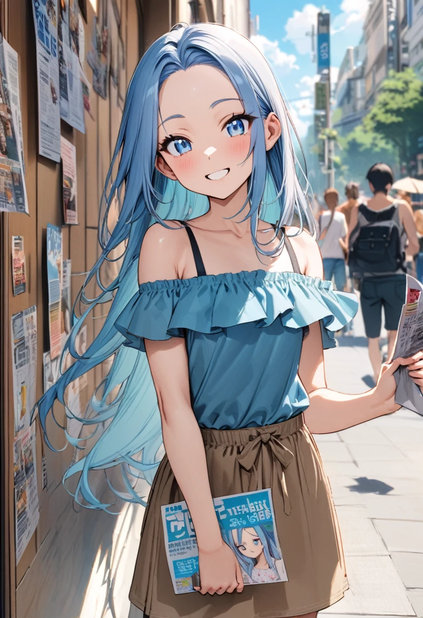 (Read the flyer style), (hand holding flyer, looking to it)(solo:2, 15 yo, forehead blue hair long hair lovely girl, cute blue eyes, happy smile), (in a casual summer Off-the-shoulder tank top, skirt), break, in the city Bulletin Board, BREAK, perfect anatomy, masterpiece, best quality, 16k, beautiful detailed love, sexy, daydreaming expression.
