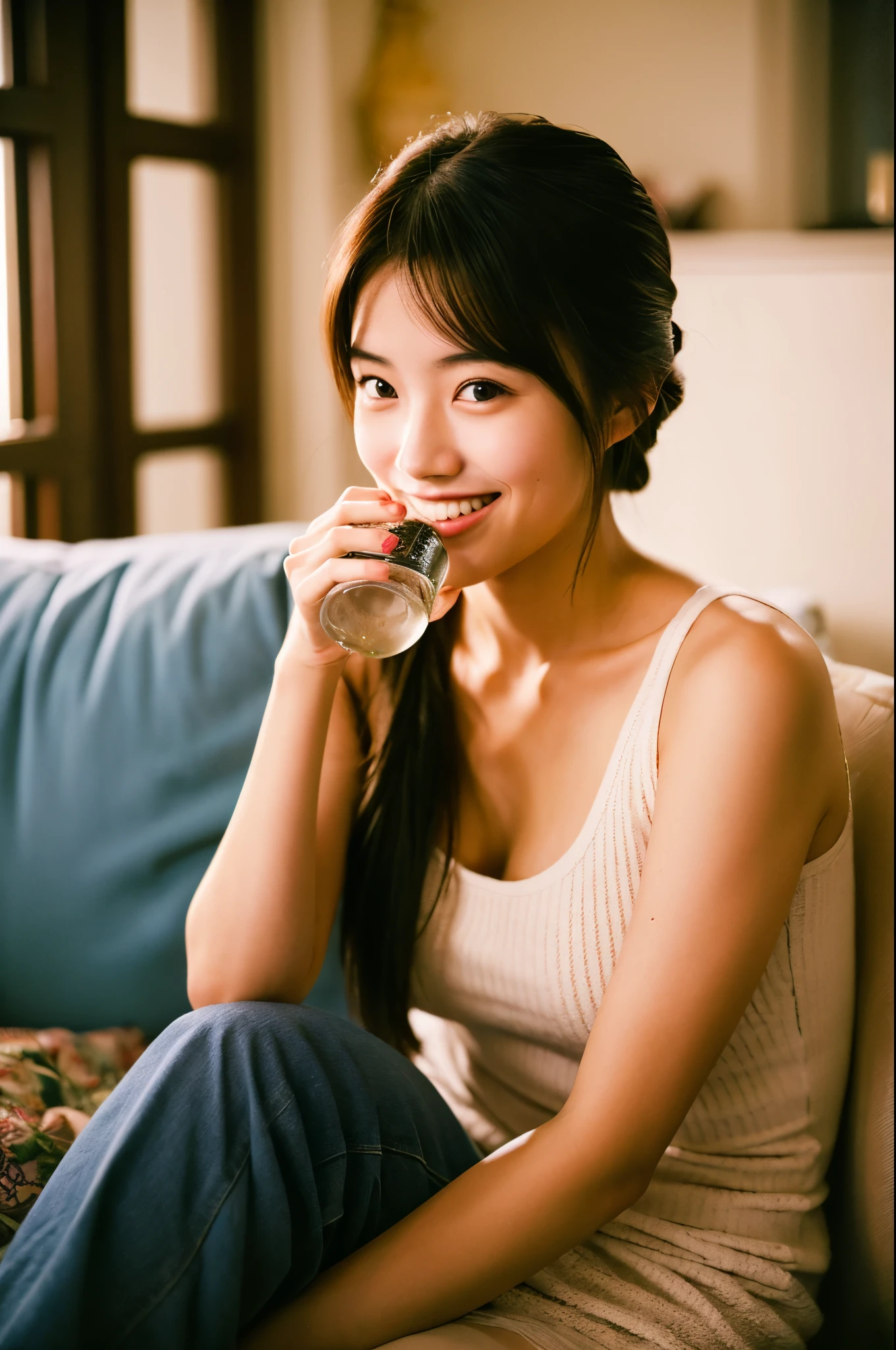 Very cute 20 year old Japanese woman, corners of mouth turned up, gentle smile, muffin top, detailed face, detailed body with nice curves, drinking wine in the living room. Late night, movie photography, Leica 50 mm prime lens, Cine Steel 800T film, art color photography