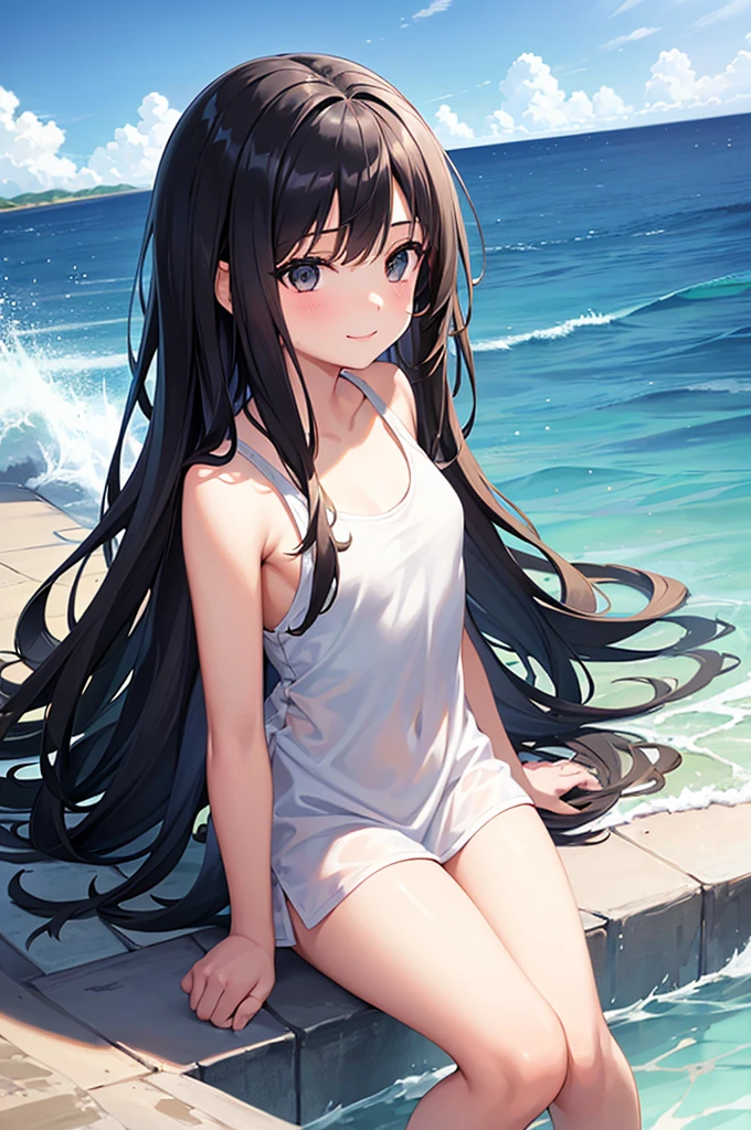 1girl, , , cute girl, pretty face, smile, Beautiful black long hair, black eyes, Summer Sea, Seaside, bathing beach, whole, Girl playing with waves on the beach, Dynamic girl, White tank top, white shorts