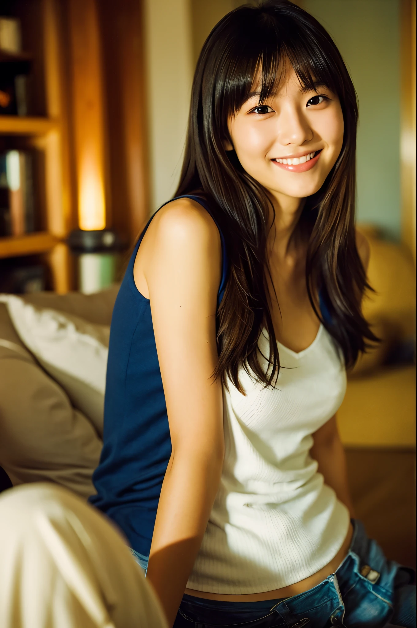 Very cute 20 year old Japanese woman, corners of mouth turned up, gentle smile, muffin top, detailed face, detailed body with nice curves, drinking wine in the living room. Late night, movie photography, Leica 50 mm prime lens, Cine Steel 800T film, art color photography