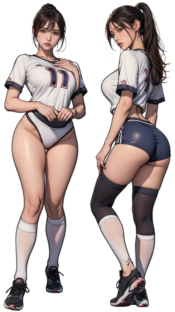 ((masterpiece)),(((best quality))),((Character Design Sheet)),((sketch)),((vulgar)),Thick thighs,1 girl,Big deal ,((Between breasts)),Cat Juice,Wearing wet sexy soccer uniform and soccer shoes,Half-lifted shirt,milking