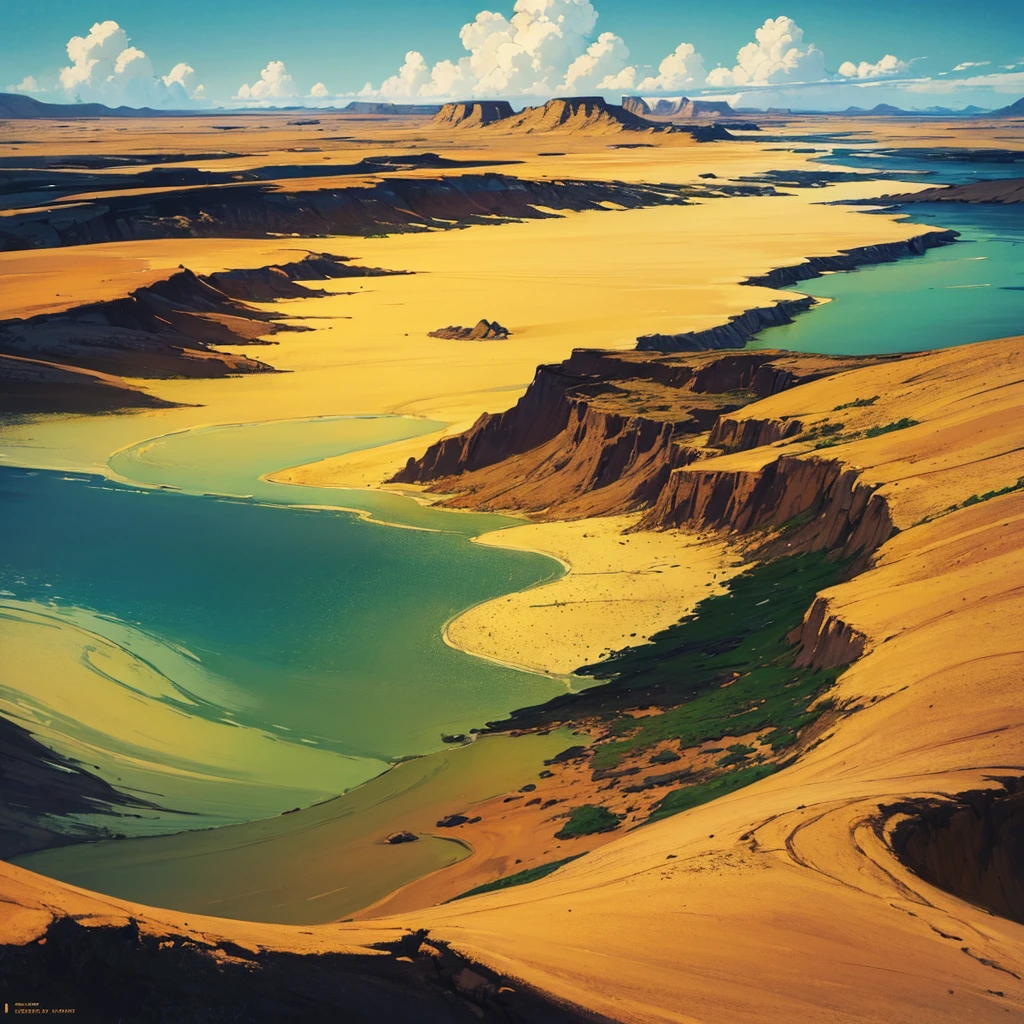 ((((No humans))))、Yellow sand in the sky，The background is a vast swamp，Rich colors，デジタルLandscape painting, Detailed Landscape — Width 672, Landscape painting, Environmental Design Illustration, Landscape painting 詳細, Poisonous Swamp Landscape, Concept Art, Highly detailed digital art in 4K, 4K Digital Painting, 4K Digital Painting, Amazing digital illustrations, Desert Background, デジタルペインティングConcept Art, Detailed digital painting, Inspired by Christophe Vaché、From above at an angle、Poison Lake、ocher water