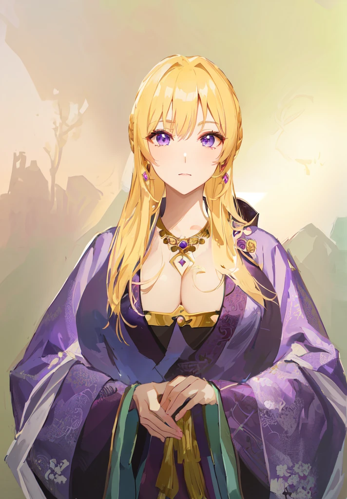 Wearing a purple robe、Cartoon image of a woman holding a bowl, ((Beautiful fantasy queen)), Produced in collaboration with Anime Painter Studio, Anime Goddess, Portrait of the Knights of the Zodiac, (Wearing noble robes)), Anime style like fate/overnight, Beautiful fantasy queen, In the anime painter studio，Three Kingdoms，Three Kingdoms志，Chinese style，antiquity，Hanfu，，巨big乳房，Good shape，Royal sister，Purple Eyes，Celluloid，big，Full figure，Noble