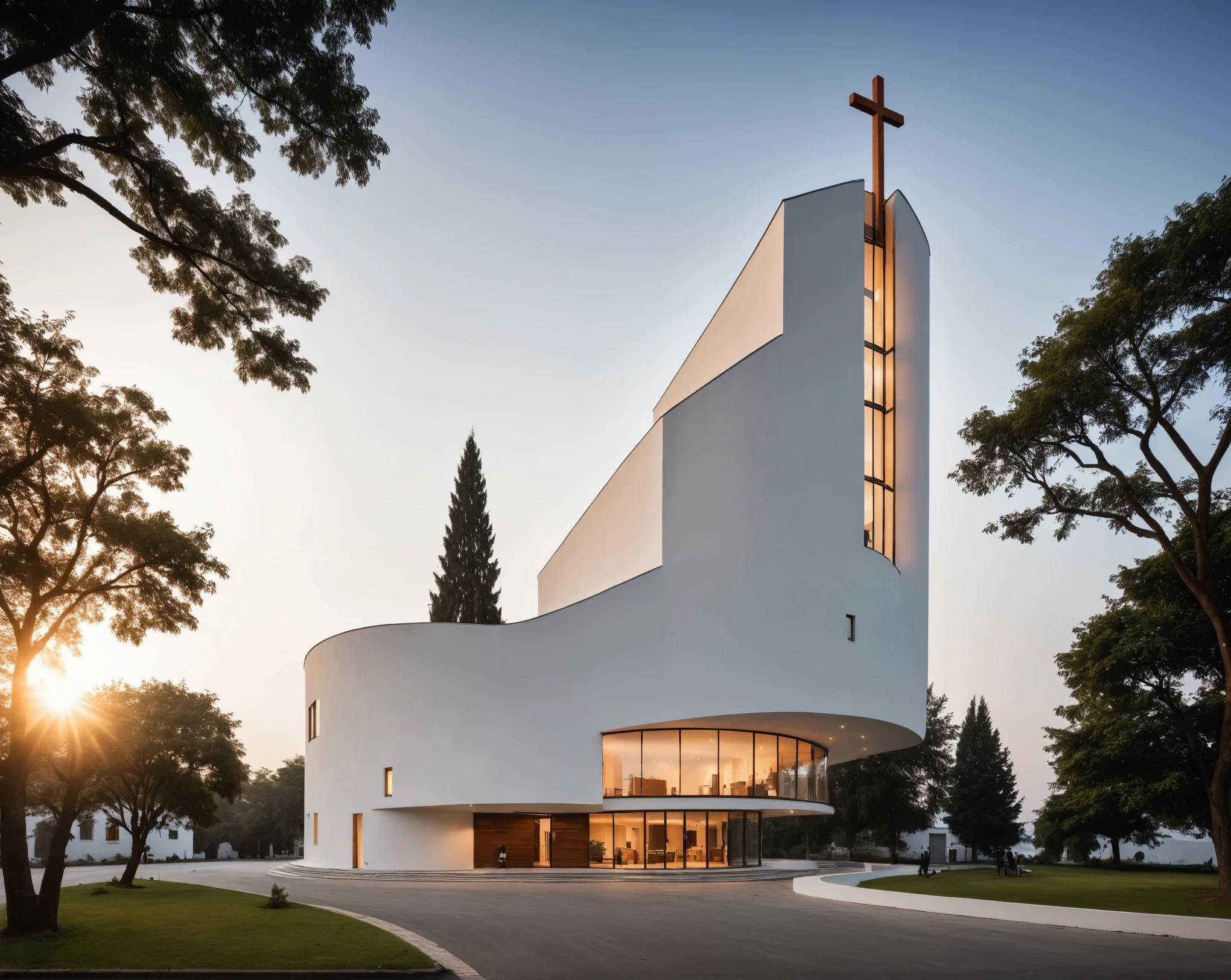 raw photo, best quality, ultra realistic, masterpiece, best quality skin, photography hd, dslr,
tcs, httlvn, modern church, road, people, house, facade design, outdoors, church, white walls, cross on top, curved shape building, 
Dusk, sunshine, 
View from a tree, dof view, 