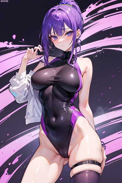 Purple Hair　Low Ponytail　mysterious　Ahegao　whole body　28 years old　Mature Body　naked　Show your crotch　A large amount of semen is overflowing from the crotch　Sexual pleasure　climax　Sexy