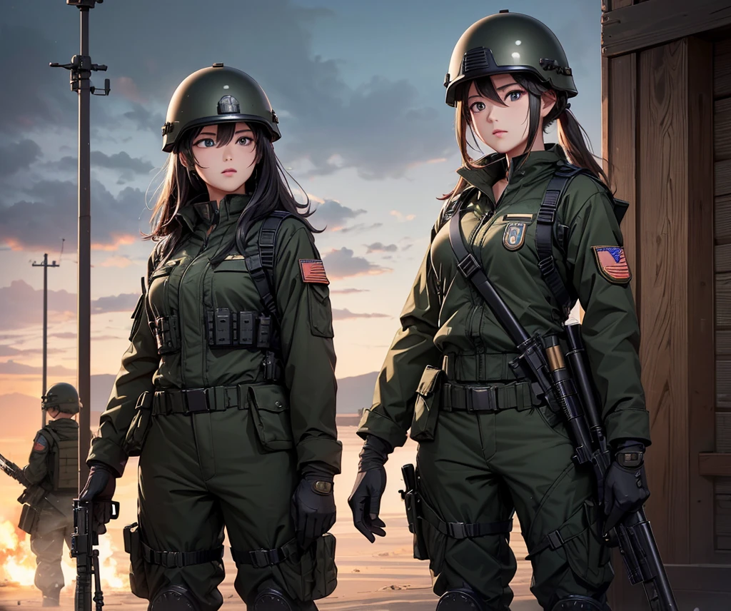 A group of female soldiers all wearing M-51 black military uniforms,Full helmet、Military Pants、Individual equipment set、Alert with guns,Write details、masterpiece、best quality、Highly detailed CG、8K picture quality