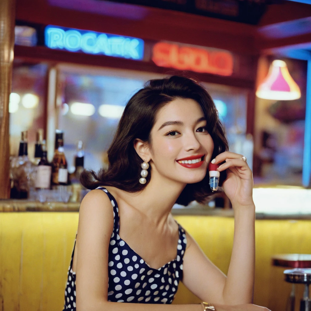 portrait of a retro giggling 60s beautiful face Korean girls on ‘volcano’ still from the film, ((solo)), (Anne Hathaway look alike face: 0.9), with sixties high hairstyle drinking a cosmopolitan, polkadot dress, in a sixties colorful bar, sixties wallpaper, giggling, vivid colors, Leica SL3, Summicron-SL 75 f/2 ASPH, kodak gold 200 film, bare shoulder, dynamic action pose,