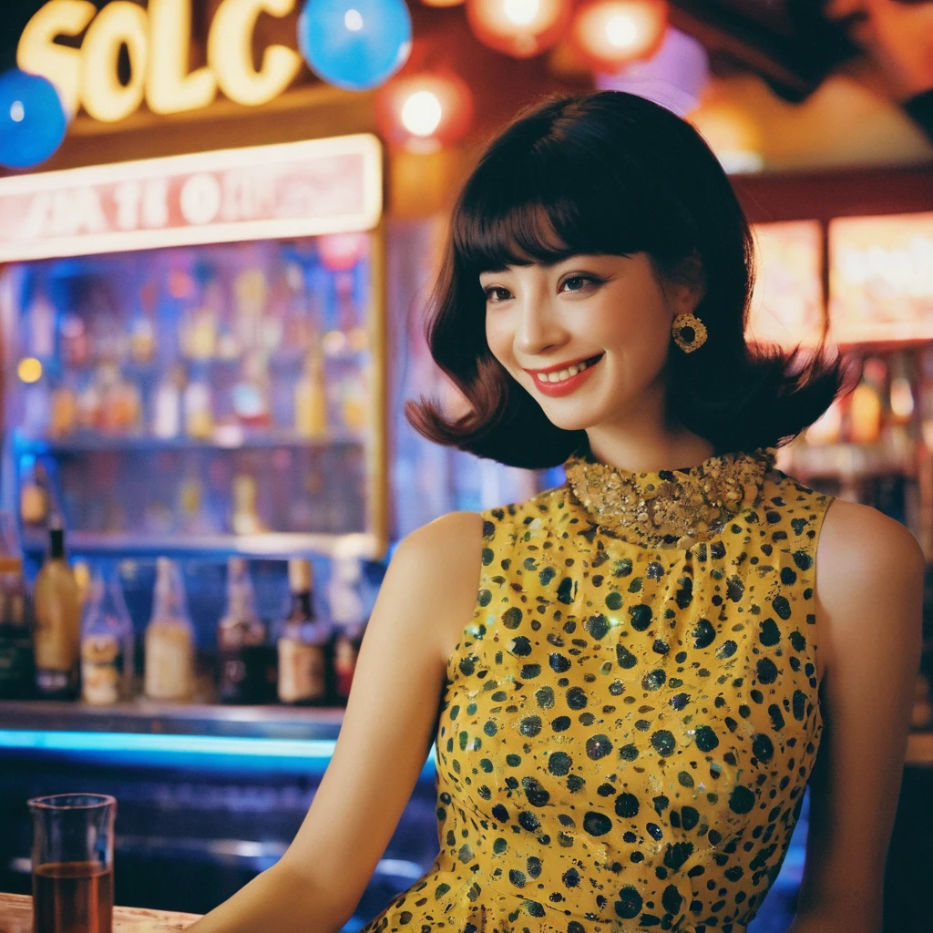 portrait of a retro giggling 60s beautiful face Korean girls on ‘volcano’ still from the film, ((solo)), (Anne Hathaway look alike face: 0.9), with sixties high hairstyle drinking a cosmopolitan, polkadot dress, in a sixties colorful bar, sixties wallpaper, giggling, vivid colors, Leica SL3, Summicron-SL 75 f/2 ASPH, kodak gold 200 film, bare shoulder, dynamic action pose,
