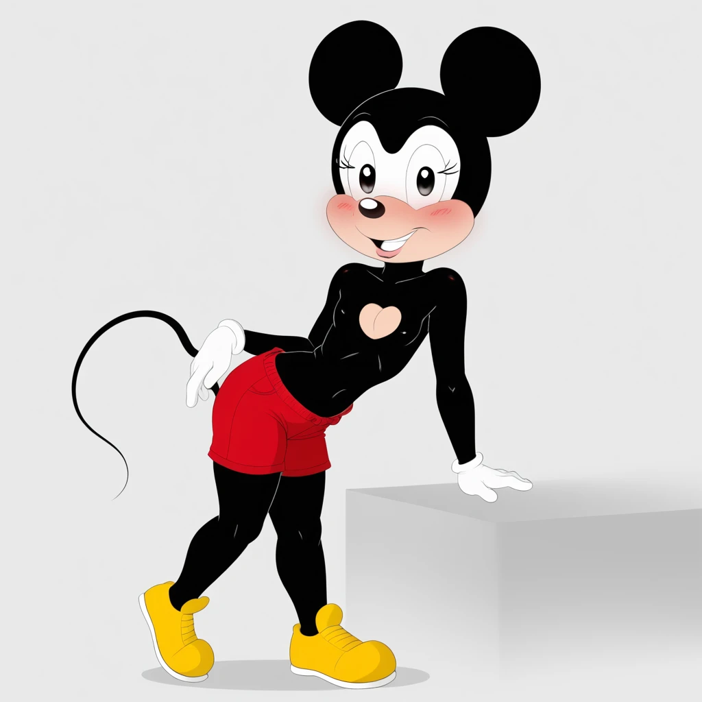 Furry, Mickey Mouse, shortstack, short stature, slightly blushed, disney cartoon artstyle, white gloves, red shorts, naked chest, yellow shoes, black body, black body