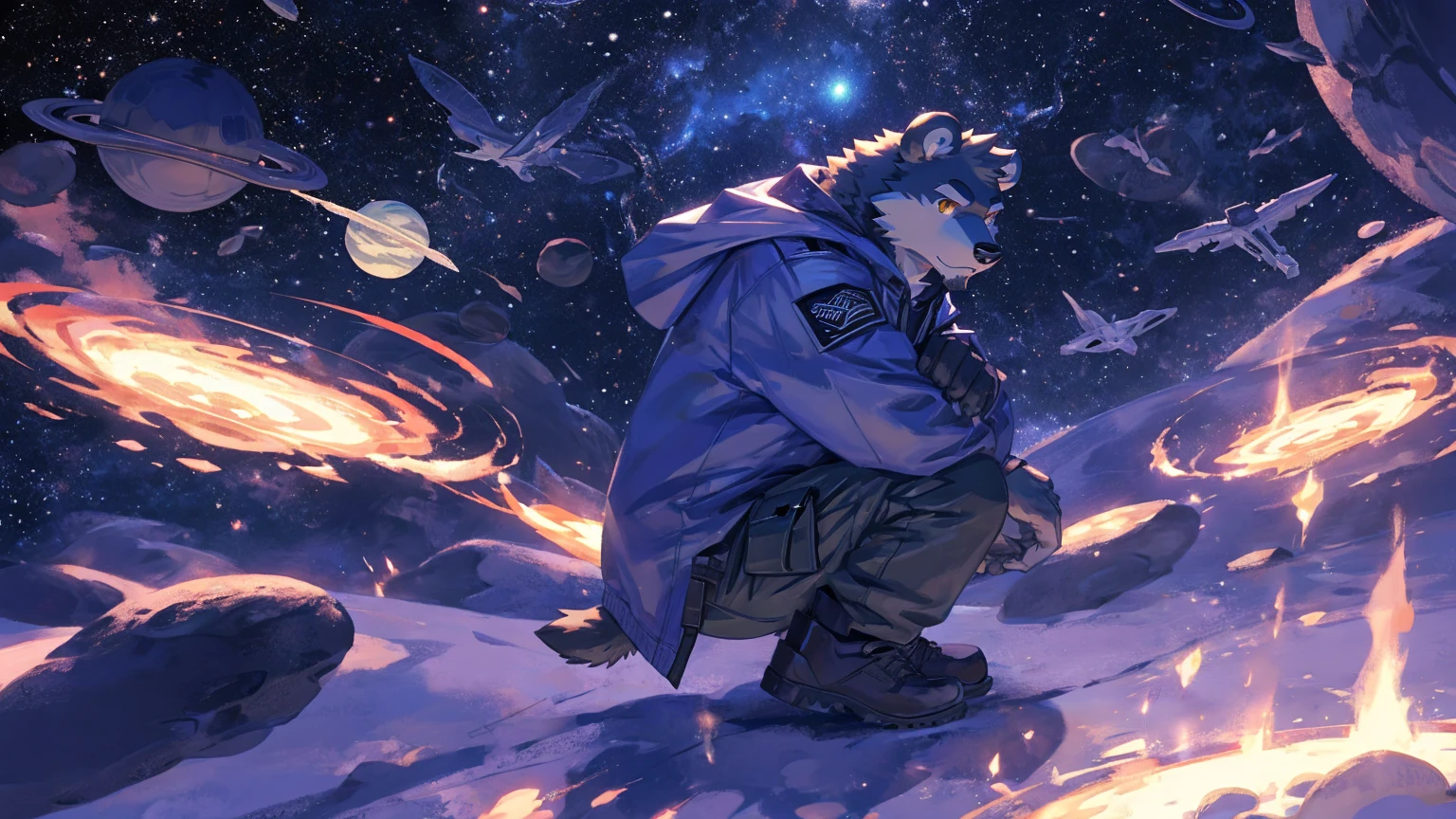 (masterpiece:1.2), best quality,pixiv,official art,perfect anatomy, (Ray tracing, light),solo, (1_male:1.3) , (muscle), (grey fur:1.4), (muscle bear), (beard:1.2), (gleaming golden eyes), bear tail, full body, Thick black eyebrows,(open hooded parka), (naked inside), (cargo pants:1.2), boots , (in the space:1.3) , star , planet , earth , asteroid , (character floating :1.3)