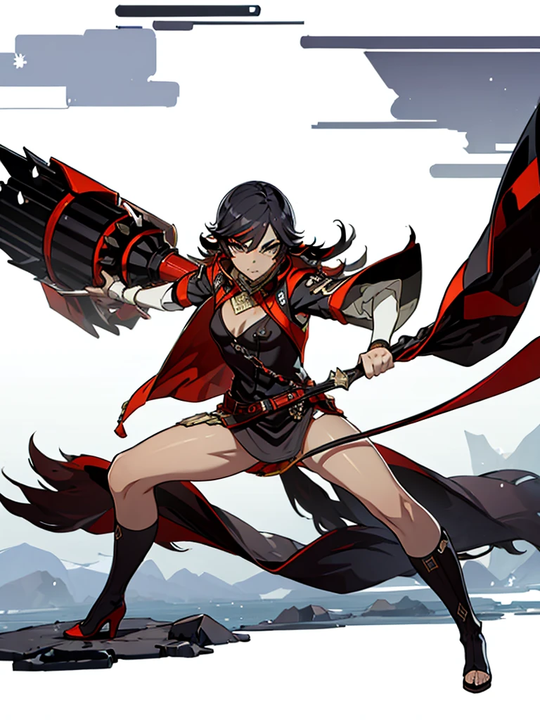 (masterpiece), best quality, expressive eyes, perfect face, with badass pose with claymore weapon, dynamic pose, white background, full body view