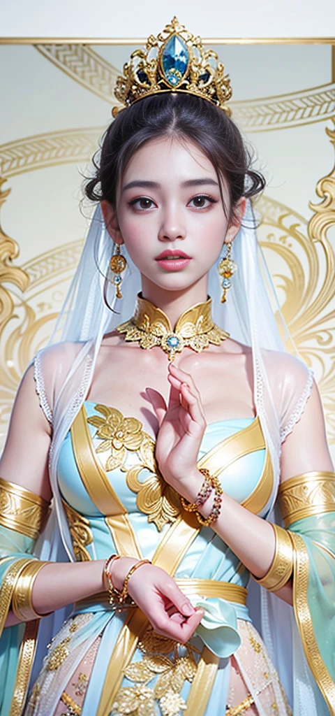 One Girl、Highest quality、masterpiece、Ultra-high resolution、(Realistic:1.4)、RAW Photos、god々々、（Beautiful 15 year old girl&#39;s face）、Straight Long Hair、Dark brown hair、Glowing Skin、dramatic、（Golden see-through swimsuit）、（Golden transparent fluttering robe）、（Golden Buddha Statue）、（Golden Canopy Bodhisattva）、（（Small golden tiara））、（pray）（whole bodyを立って）、（（Delicate fingers、Delicate hands））、（Delicate feet）、（Big ample breasts、Beautifully full bust）、（Rocket Boobs）、（（Golden Garter Stockings））、（（黄金のギリシャgod殿））（Golden wall decorated with gold）、（Blur the background）、（One breast is visible、I can see a big areola、 stand）、（Woman praying）、（pray with Your Hands Together）、whole body、Are standing、pray with Your Hands Together、Delicate face、Delicate hands、Delicate feet、Anatomy Body、女god、sexy、
