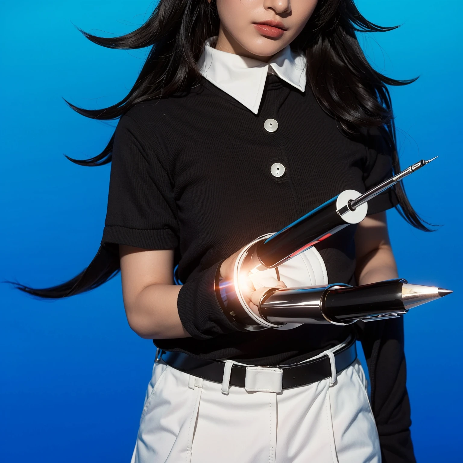 hair coneshair coneshair coneshair coneshair coneshair coneshair coneshair coneshair coneshair conesThis image features a character dressed in a dark, collared shirt and white pants, styled with a futuristic, robotic arm wielding a silver gun. The character's dramatic appearance is enhanced by long, black hair with pointed, horn-like extensions and dark lipstick, adding a gothic or villainous flair. Set against a plain blue background, the focus is drawn to the contrast between the character's attire and the high-tech armament, suggesting a blend of traditional and sci-fi elements, likely for a thematic or storytelling purpose. The overall composition of the image is both eye-catching and charming, effectively conveying a sense of joy and creativity.ffects render, (glossy plastic texture with multiple big light probe refractions), perfect cgi, smooth silhouette, high intensity refraction, (super glossy plastic material), most beautiful vfx, , realistic, 4k, high resolution, rim light, smooth 3d model, multiple light sources, rim light, sharp post effects render,, realistic, 4k, high resolution, rim light detailed digital art, reflective, best quality, 4k, masterpiece:1.2, ultra-detailed, realistic, vivid colors, The image of the highest quality, ensuring every detail showcased perfectly. It in 4k resolution, allowing viewers to immerse themselves in the richness of the colors and intricate details. The realistic rendering. under the spotlight, reflecting, high-resolution image, realistic rendering