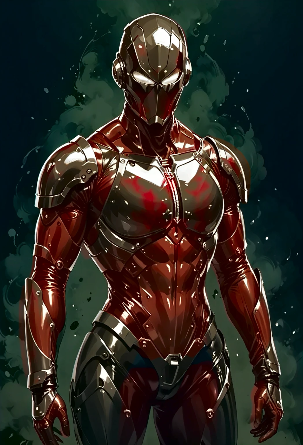 Ashley Wood (Ashley Wood) style of,1 boy,Character Conception,Horror Blood,((Signs of death)),Very detailed,more details,Smooth and fluent brushstrokes,Shiny Red Mandelbrot Bodysuit Armor,Muscular City,planetarium,