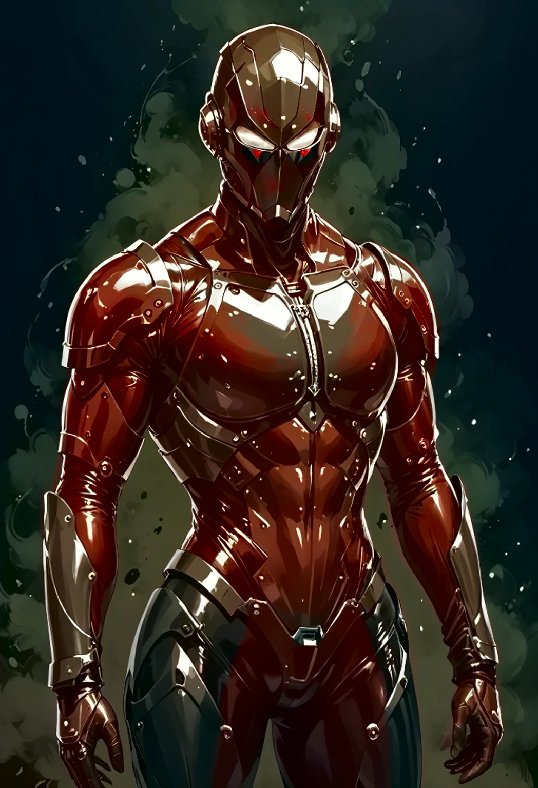 Ashley Wood (Ashley Wood) style of,1 boy,Character Conception,Horror Blood,((Signs of death)),Very detailed,more details,Smooth and fluent brushstrokes,Shiny Red Mandelbrot Bodysuit Armor,Muscular City,planetarium,