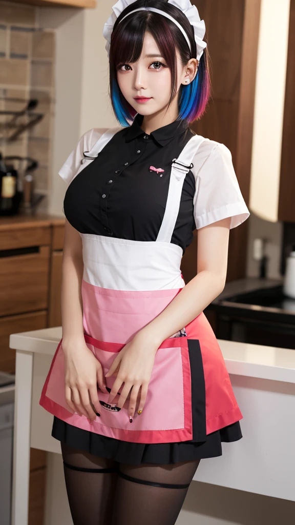 solo,1girl(big breast)(masterpiece, best quality:1.2),Ellen Jo，Zenless Zone Zero，alternate costume ,maid, shark tail, (shark girl:0.5), short hair，black hair，red eyes, tail, pantyhose,multicolored hair, black footwear, short sleeves, apron, wrist cuffs, maidheaddress, stockings, nyantchaellen joe, black hair, red hair，colored inner hair, multicolored hair, (red eyes:1.3), red hair, short hair, two-tone hair,apron, black pantyhose, black shirt, ear piercing