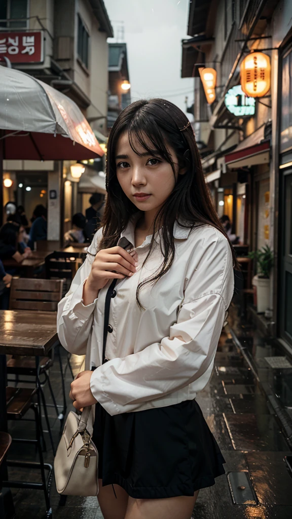 A beautiful must detailed anime picture in korea street. Raining weather with heavy clouds. A girl site in cafe with smooth lights