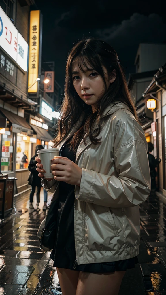A beautiful must detailed anime picture in korea street. Raining weather with heavy clouds. A girl site in cafe with smooth lights