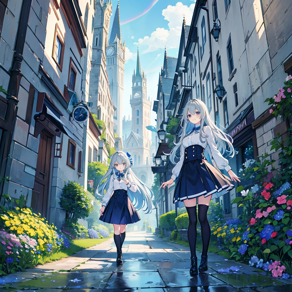 kawaii, anime, Cute, hyper quality, highly detailed, 16k, Front facing, Clarity, full body, smile, one girl, university student, long silver hair, lapis lazuli eyes, bell accessories, butler uniform, black butler uniform, walk through medieval streets, fantasy world, rainbow in the sky, after the rain, high cut boots, noble, clock tower, puddle, A city planted with flowers, bright sky, light drifts, walking motion, lush greenery, There are few tall buildings, Inciting point of view, Out of town, smiling face, hold your hand, the bird flaps its wings, bright sunlight, A city full of flowers, posture with movement, hold one's hands in the air, blue sky,