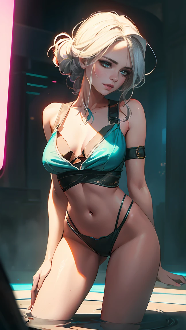 (Best quality,A high resolution:1.2),ultra detailed,realistic,photorealistic:1.37,Beautiful girl (Ciri from The Witcher) pop style model,18 years,long legs,Medium breasts,very detailed face (with an emphasis on azure eyes),Her white hair falls on her shoulders.,She is dressed in provocatively erotic outfits, highlighting her slim sexy body.,bent down, lifts her ass up,more sexy pose,illustration,colorful pop art style,dynamic lighting,neon colors.NFV