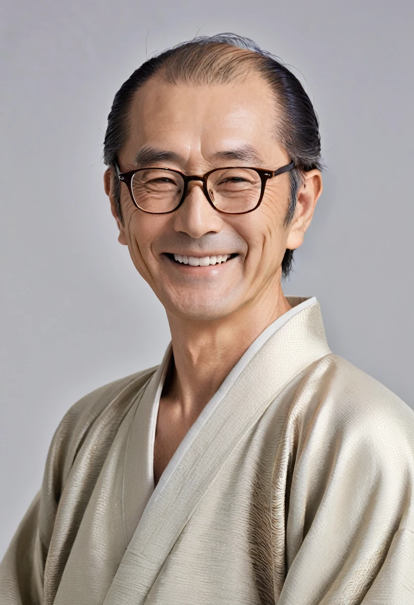 elder,male,Japanese,Wrinkle,smile,Plain Kimono,Thinning hair,Break,Glasses
