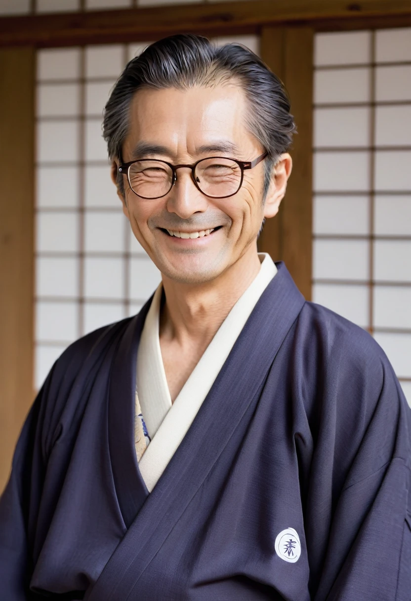 elder,male,Japanese,Wrinkle,smile,Plain Kimono,Thinning hair,Break,Glasses