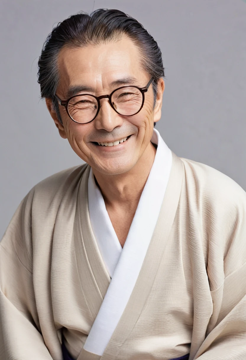 elder,male,Japanese,Wrinkle,smile,Plain Kimono,Thinning hair,Break,Glasses
