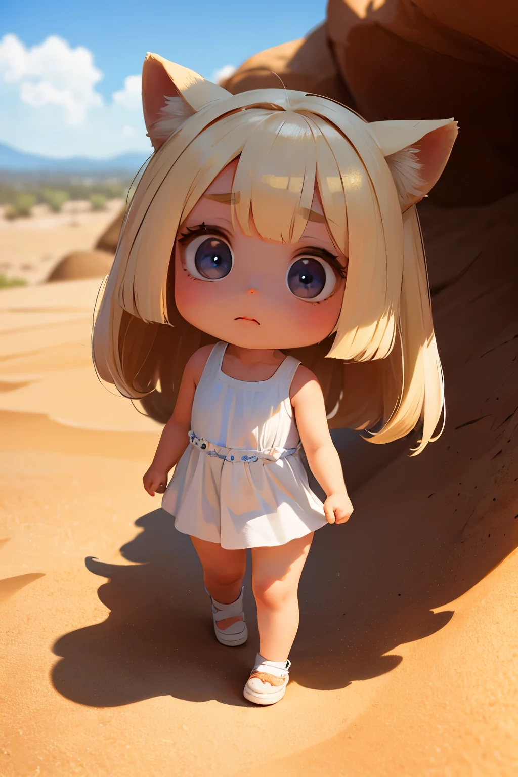 Chibi Girl、Walking through the desert under the scorching sun、Sweat、heat haze、Cute Shoes、whole body、A landscape of nothing but sand、Very detailed、Ultra-realistic、Photorealistic、8K、Hyperrealistic、masterpiece、Beautiful detailed eyes、Beautiful detailed lips、Very detailedな顔、Long eyelashes、Beautiful young girl、Beautiful lighting、Cinematic、Intricate details、Soft Focus、Depth of written boundary