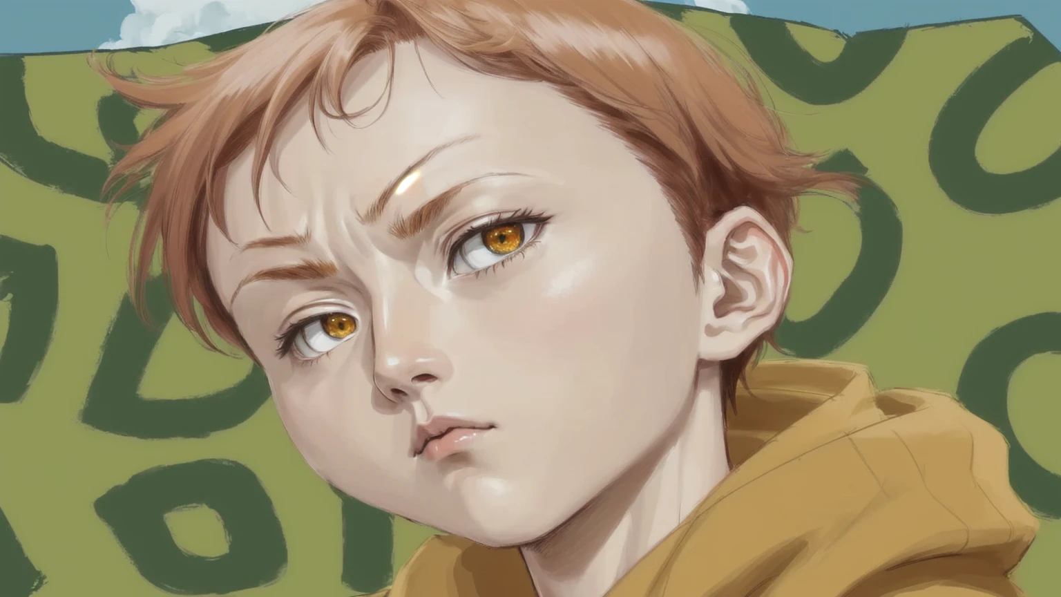 a close-up of a young man in a yellow jacket, in the anime film, orange hair anime boy, as anime character, toru furuya, boy with neutral face, manga style of kentaro miura, in an anime, kentaro miura manga style, toru narita, Shinkai Makoto, kentaro, bright, detailed eyes, more detailed hair, mouth with less filling, A more muscular and full neck, consistent with the size of the head, Ultra detailed 8k image