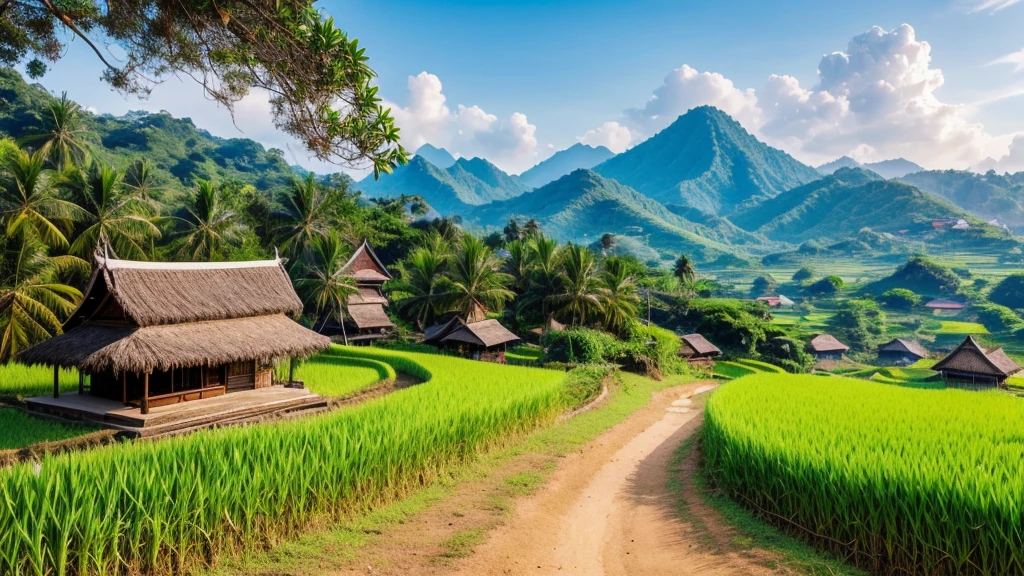 Thai northeastern countryside landscape, hill,sunshine,bird, grass, rice field, cart, palm tree, sugar tree, bamboo hut.
