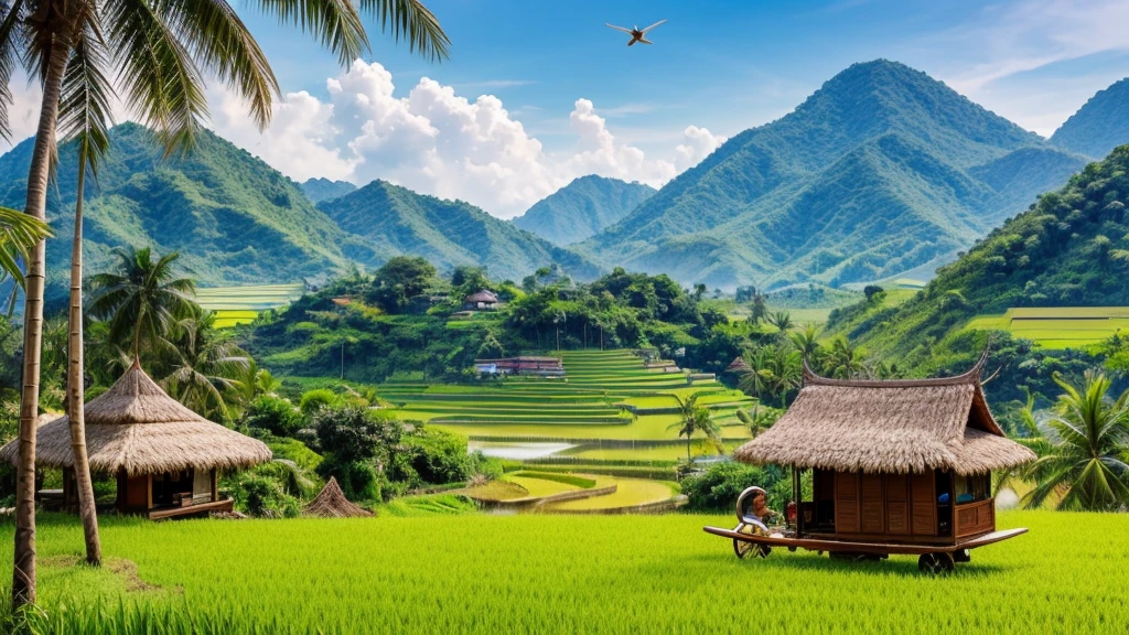 Thai northeastern countryside landscape, hill,sunshine,bird, grass, rice field, cart, palm tree, sugar tree, bamboo hut.