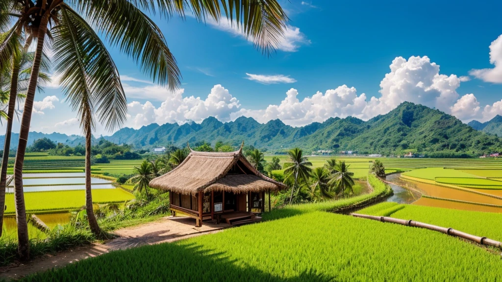 Thai northeastern countryside landscape, hill,sunshine,bird, grass, rice field, cart, palm tree, sugar tree, bamboo hut.
