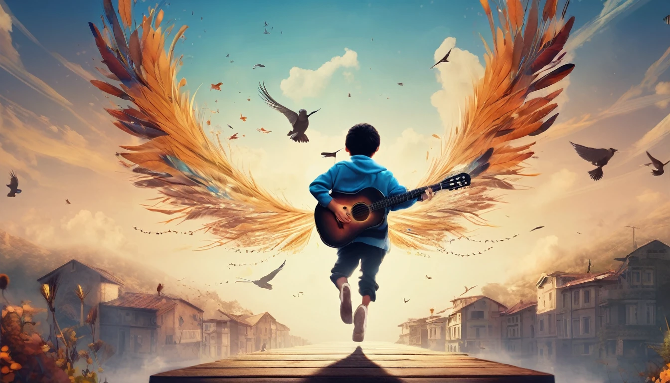Create a professional, fantastic, cinematic Youtube Banner for a brand about music and stories called " Penamemoria". Masterpiece, 4k, sharp focus, highest quality,wide shot. The title is " Penamemoria". Is a brand about the creative, unique journey of a boy into becoming a musician storyteller. In his journey he finds inspiration in a world of birds and feathers. Minimalistic, simple, poetic, dreamy logotype at the center of the image. The Background image is a world full of fantastic feathers, unique birds, light blue sky, and a boy running happily into the horizon with an acoustic guitar in his right hand. Boy running against the wind, almost simulating like he is flying