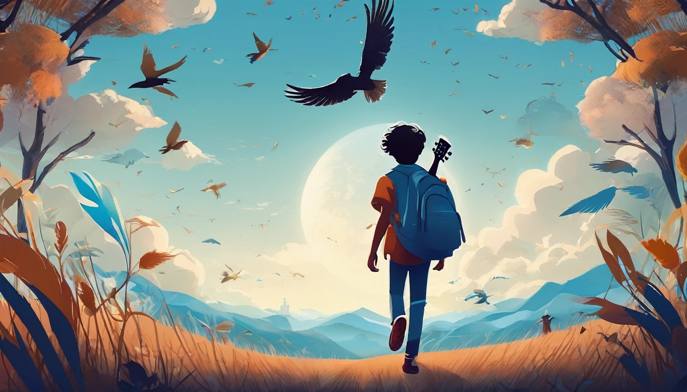 Create a professional, fantastic, cinematic Youtube Banner for a brand about music and stories called " Penamemoria". Masterpiece, 4k, sharp focus, highest quality,wide shot. The title is " Penamemoria". Is a brand about the creative, unique journey of a boy into becoming a musician storyteller. In his journey he finds inspiration in a world of birds and feathers. Minimalistic, simple, poetic, dreamy logotype at the center of the image. The Background image is a world full of fantastic feathers, unique birds, light blue sky, and a boy running happily into the horizon with an acoustic guitar in his right hand. Boy running against the wind, almost simulating like he is flying
