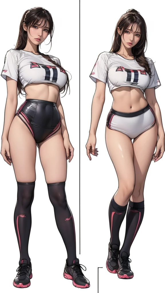 ((masterpiece)),(((best quality))),((Character Design Sheet)),((sketch)),((vulgar)),Thick thighs,1 girl,Big deal ,((Between breasts)),Cat Juice,Wearing wet sexy soccer uniform and soccer shoes,Half-lifted shirt,milking