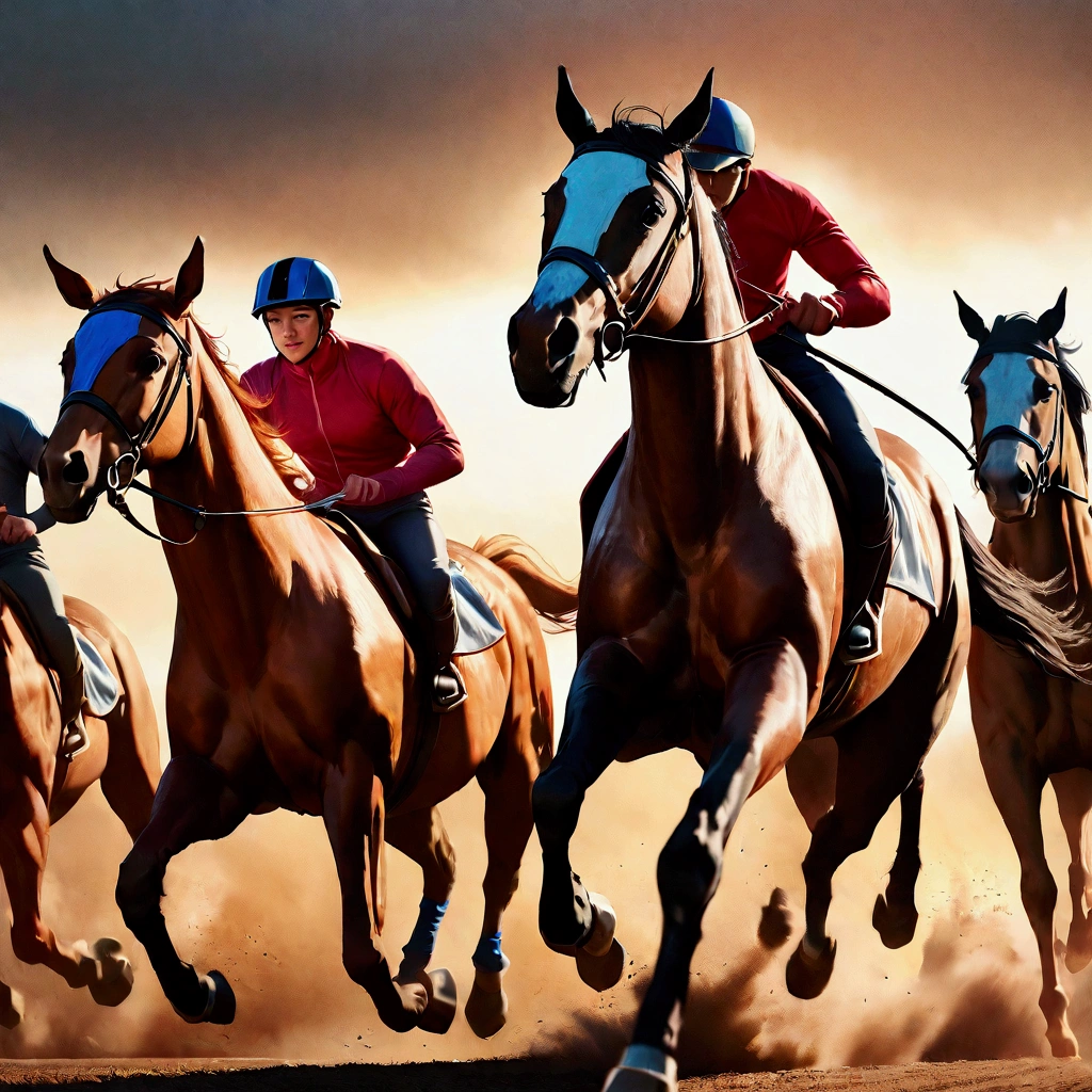 a group of horse riders riding their horses down the race course, beautiful and elegant horses, detailed horse anatomy, dynamic movement, dusty race track, overcast sky, golden hour lighting, realistic, photorealistic, 8k, best quality, masterpiece, highly detailed, vibrant colors, warm tones
