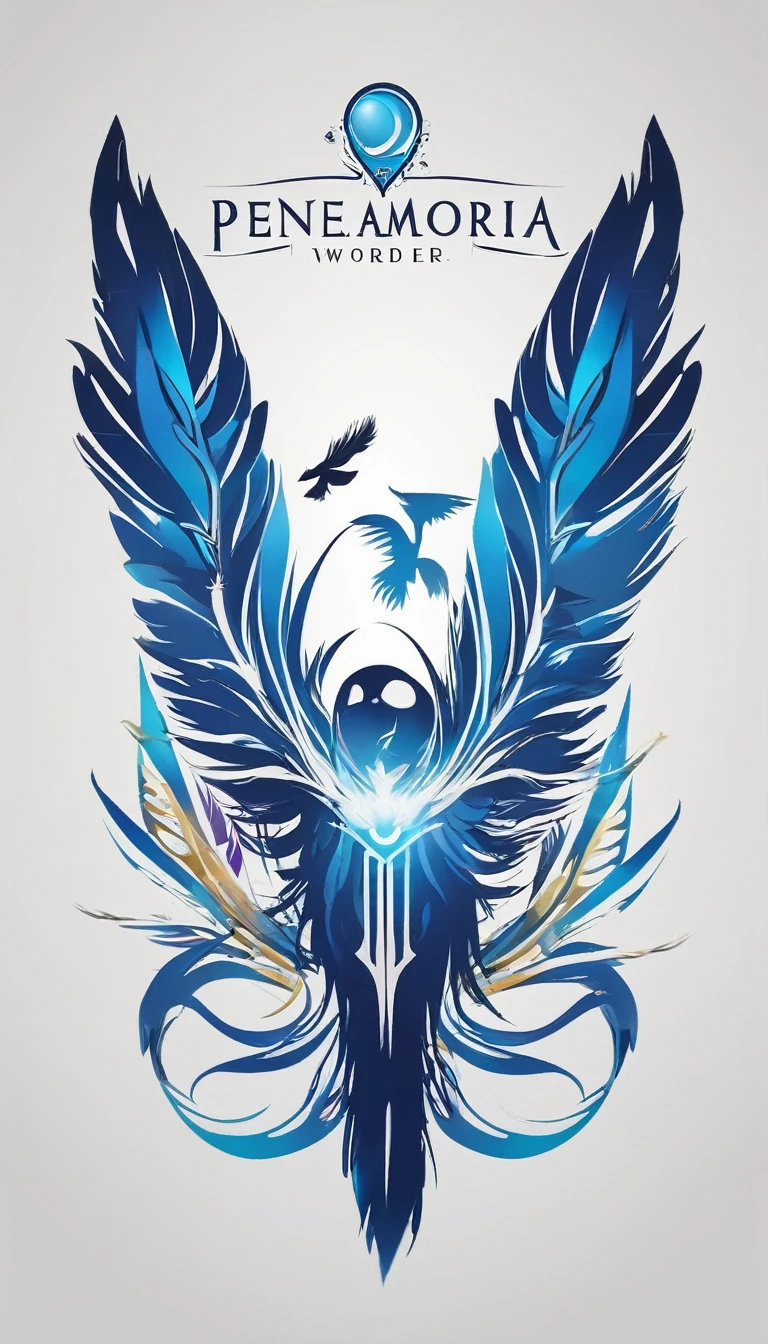 Create a minimalistic, simple, fantastic, easy to understand, logo design of a boy and a feather for an upcoming Fantasy Role Playing Game called " Penamemoria". The game is about a world full of bird and feathers. A boy enters that world and discovers his true artistic identity. Create a logo design that transmits the essence of this videogame. It´s a fantasy game, with fantasy elements. Create the logo in the center and a fantasy theme as background. Use the colours blue, white, yellow in the logo. The logo design must convey a sense of fantasy, dreams and music. Must convey a feeling of being a true Dreamer