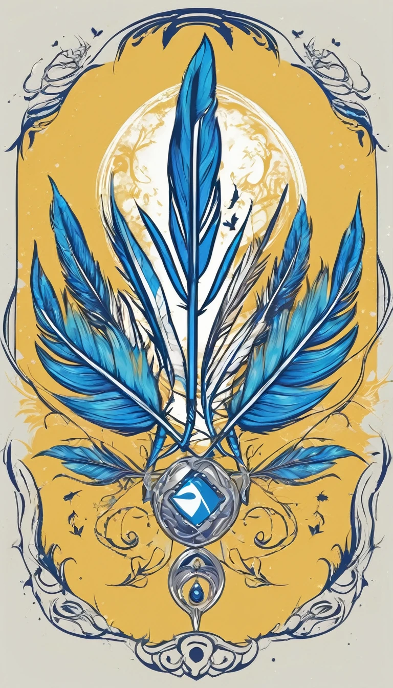 Create a minimalistic, simple, fantastic, easy to understand, logo design of a boy and a feather for an upcoming Fantasy Role Playing Game called " Penamemoria". The game is about a world full of bird and feathers. A boy enters that world and discovers his true artistic identity. Create a logo design that transmits the essence of this videogame. It´s a fantasy game, with fantasy elements. Create the logo in the center and a fantasy theme as background. Use the colours blue, white, yellow in the logo. The logo design must convey a sense of fantasy, dreams and music. Must convey a feeling of being a true Dreamer
