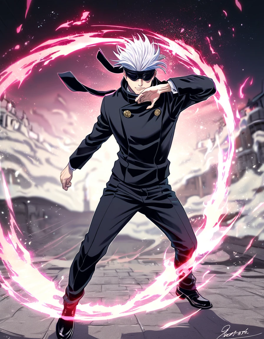 Satoru Gojo from Jujutsu Kaisen: Create a highly detailed and realistic image of Satoru Gojo from Jujutsu Kaisen. He should have his signature white hair styled slightly messy, with his distinct blindfold or dark sunglasses covering his eyes. His expression should be confident and slightly playful, reflecting his carefree yet powerful demeanor. He is dressed in his characteristic dark high-collared jacket and pants, standing in a dynamic pose as if ready for battle. The background should be a dramatic, mystical setting with a hint of supernatural energy, capturing the essence of the Jujutsu Kaisen world. - @ぴ (fast)
